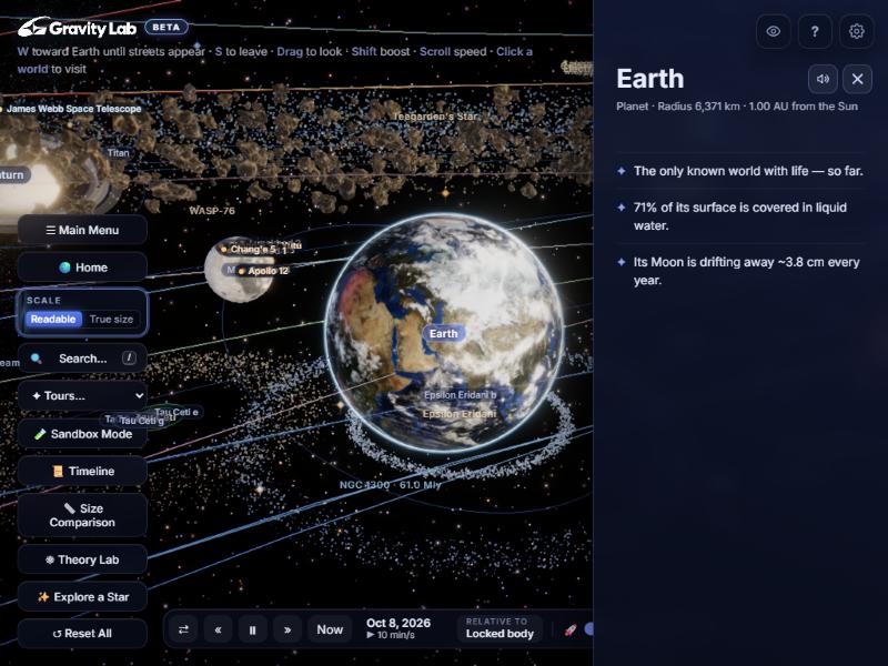 Gravity Lab running in a browser: Earth at true scale with orbital paths, labelled stars and nebulae, a timeline, and a scale toggle.